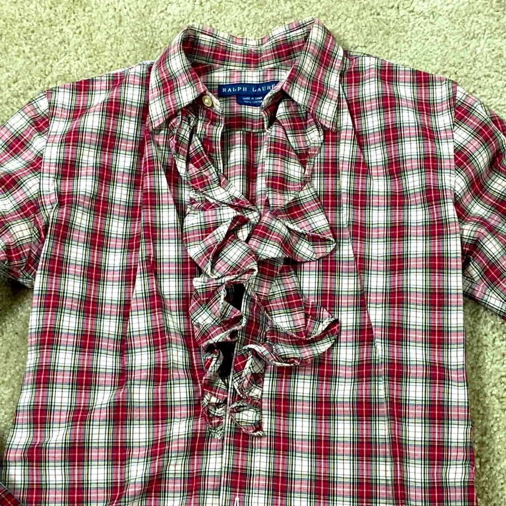 NEW Ralph Lauren plaid ruffle button down blouse 2 XS - Picture 2 of 2